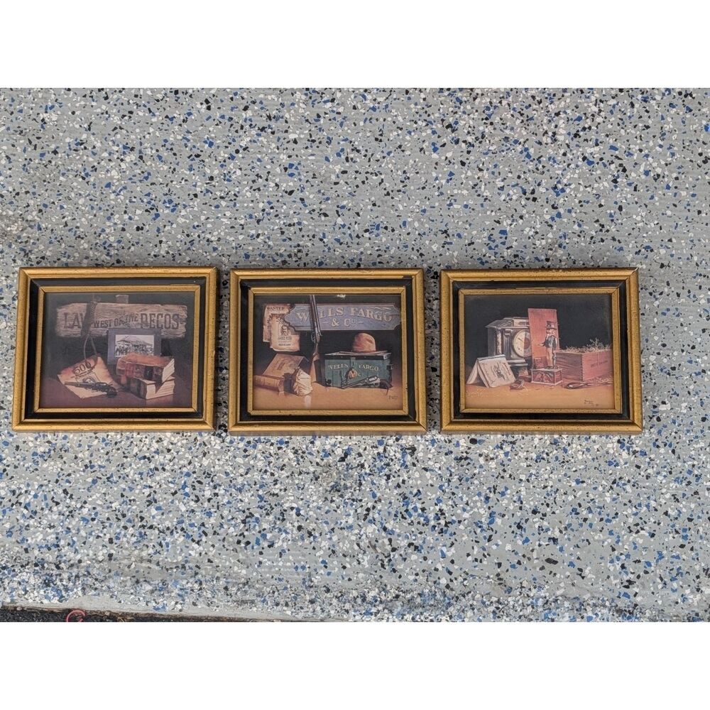 Vintage Set of 3 Framed Western Still Life Prints Wells Fargo Law West of Pecos